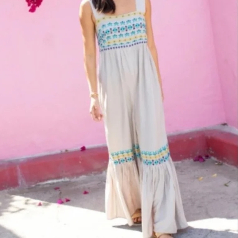 Natural Life Jumpsuit Grey with Blue and Yellow Embroidery